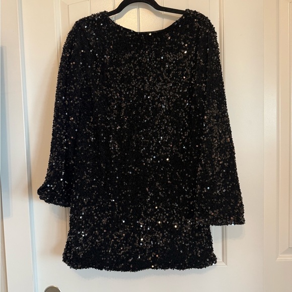Tops - Black Sequin Long Sleeve Tunic Dress Ribbon Back - Women's L